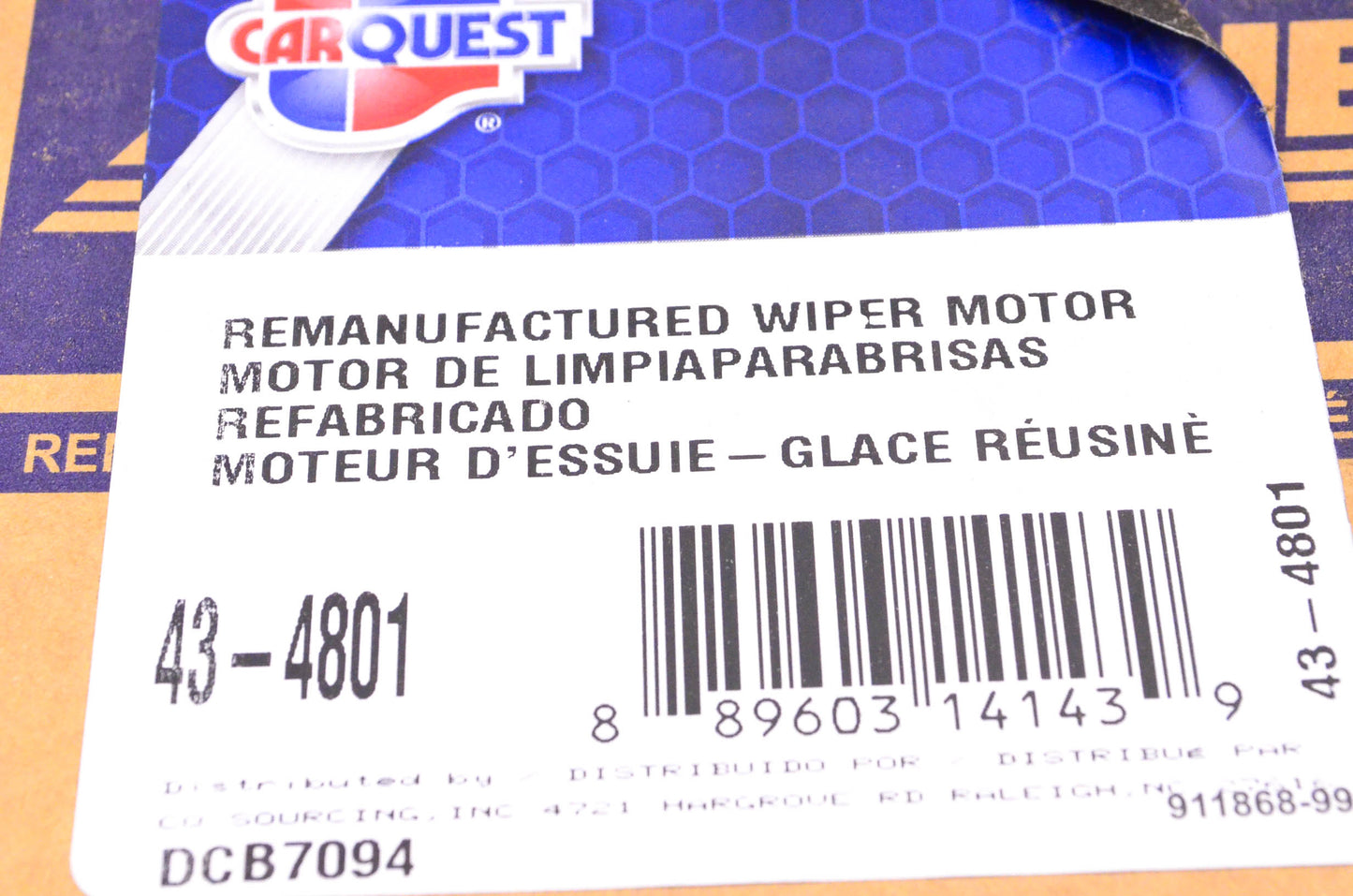 Carquest 43-4801 Remanufactured Wiper Motor NOS