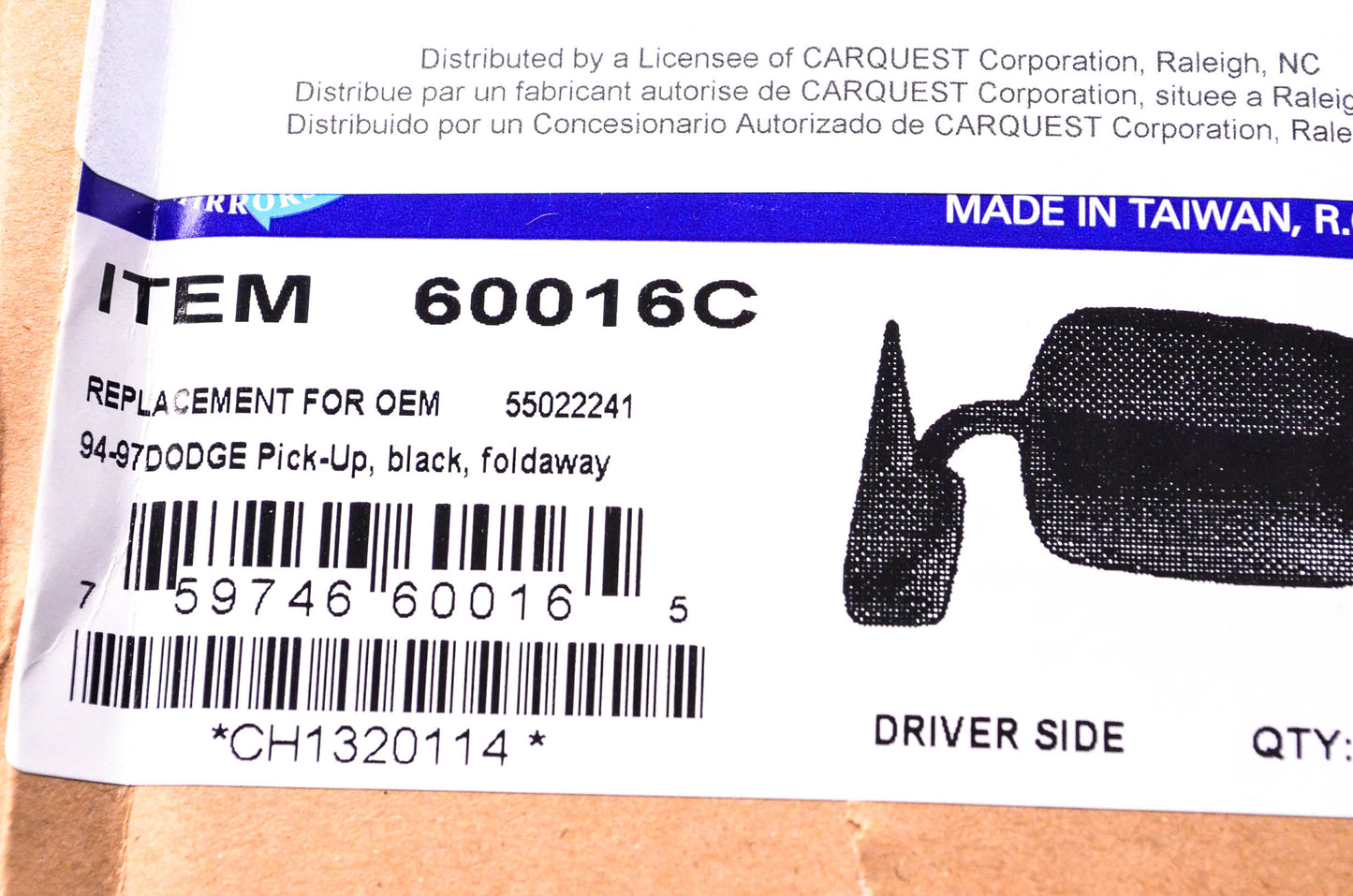 Fit System 60016C Dodge Pickup Driver's Side Foldaway Mirror NOS