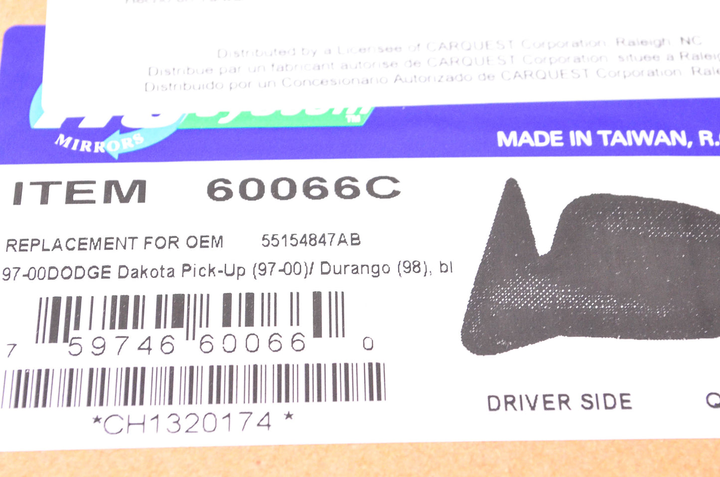 Fit System 60066C Dodge Pickup Driver's Side Mirror NOS
