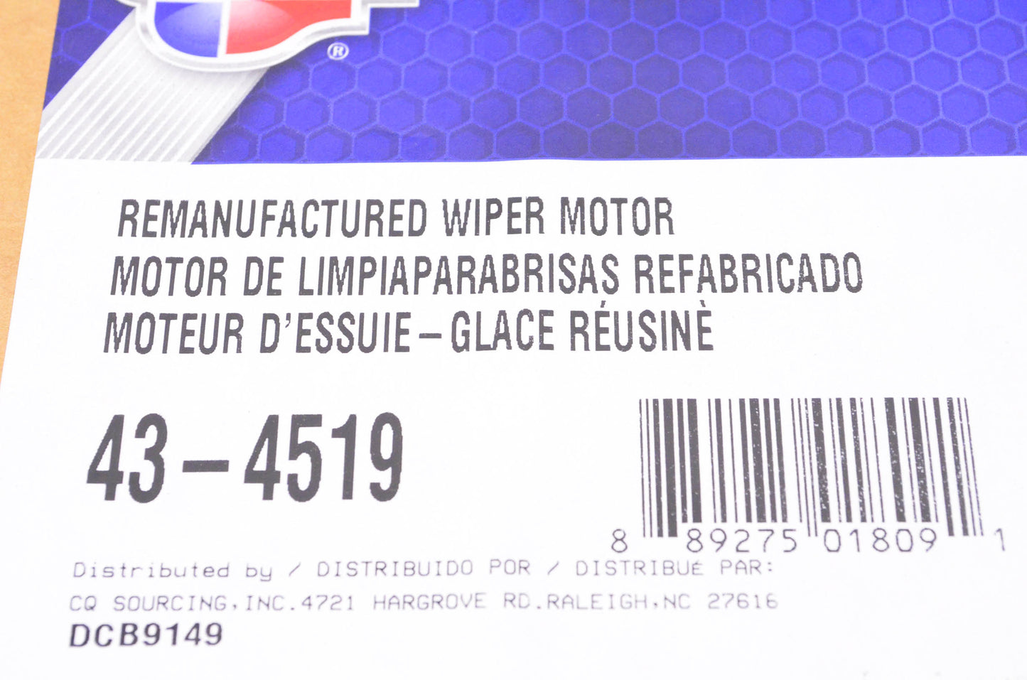 Carquest 43-4519 Remanufactured Wiper Motor NOS