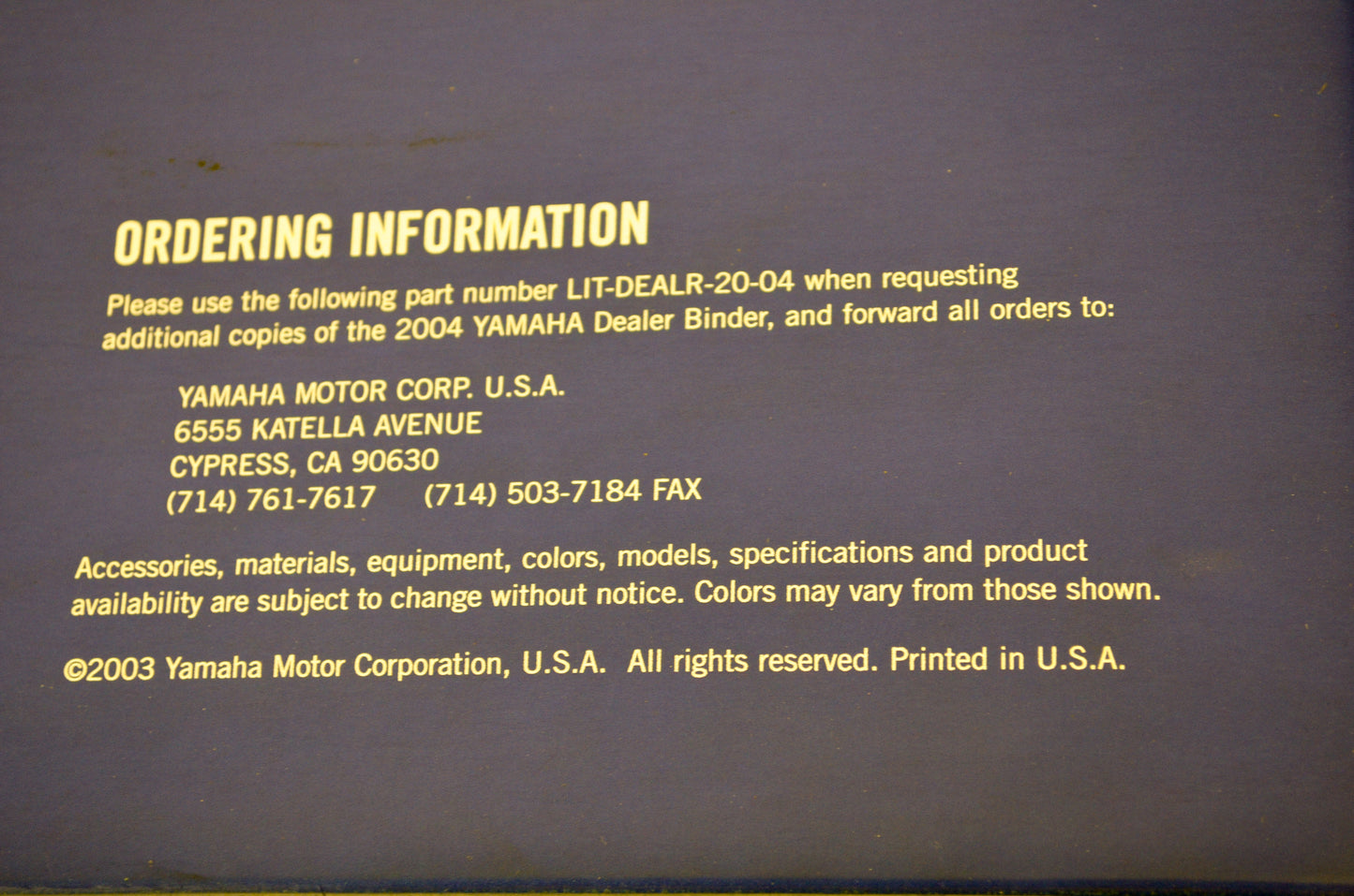 OEM Yamaha LIT-DEALR-20-04 04 Yamaha Motorcycle, ATV, Side x Side Dealer Binder