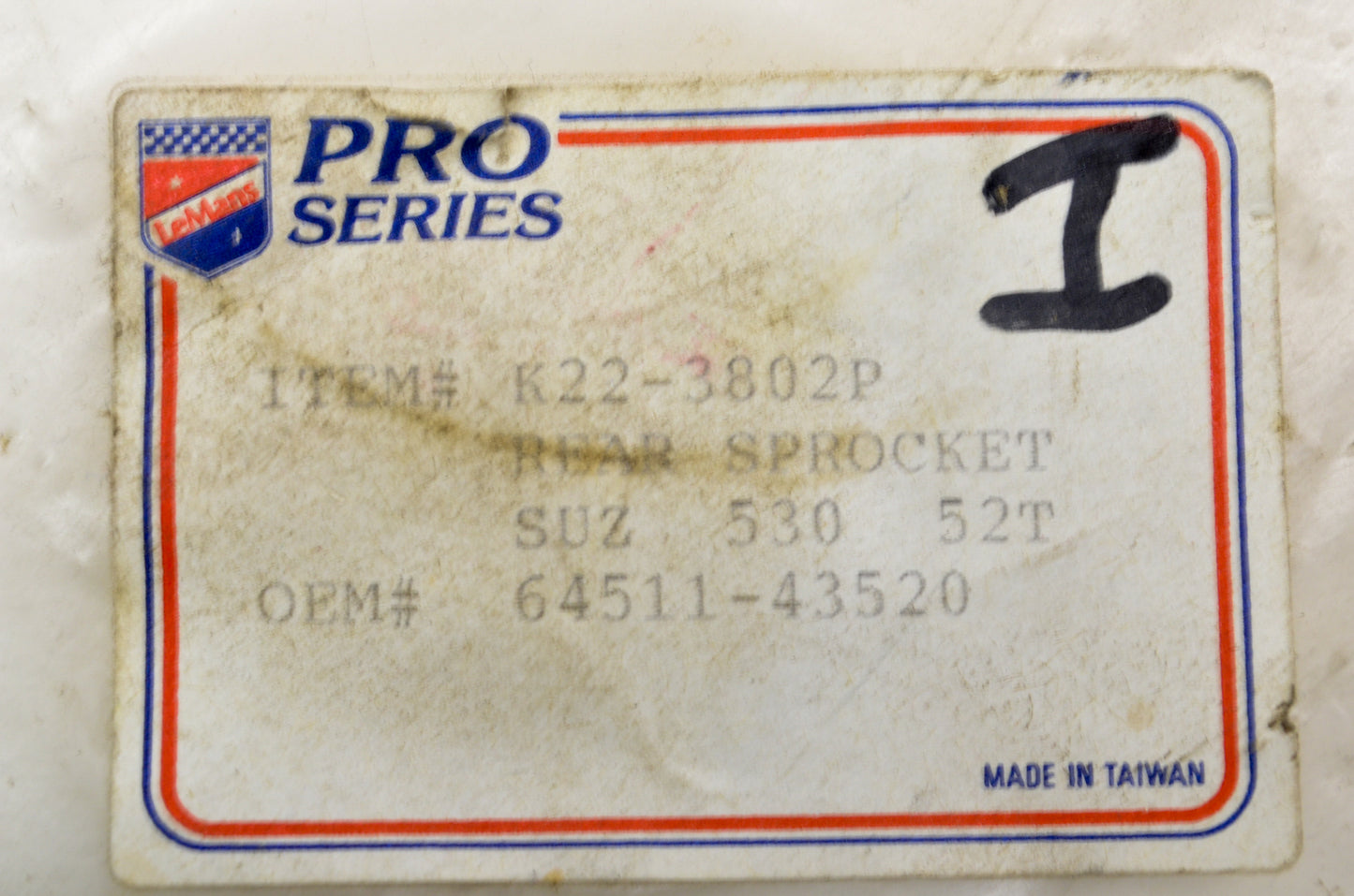 LeMans Pro Series K22-3802P, 64511-43520 Rear Sprocket 52T NOS