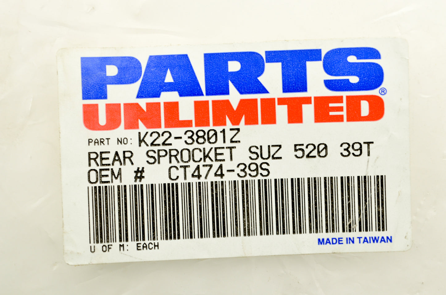 Parts Unlimited K22-3801Z, CT474-39S Sprocket 39T NOS
