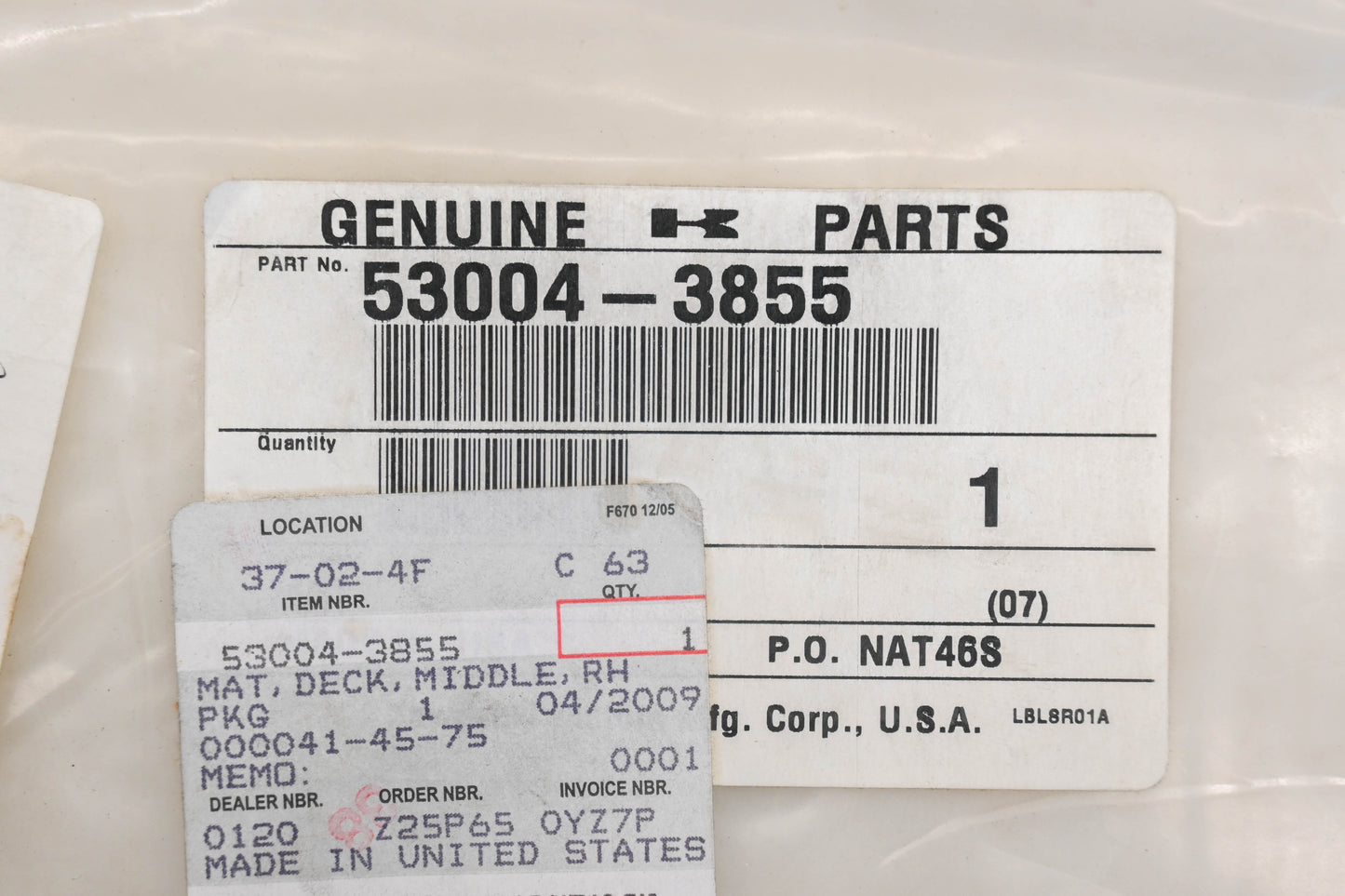 New OEM Kawasaki 53004-3855 28-1/2" Right Hand Middle Deck Mat Qty 1 NOS