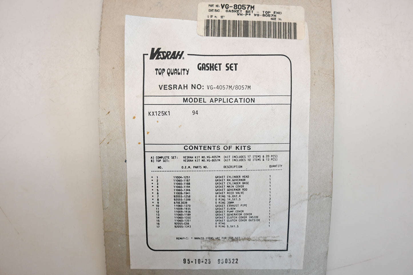 Vesrah VG-4057M/8057M Top Gasket Set Kawasaki KX125 Qty 1 NOS