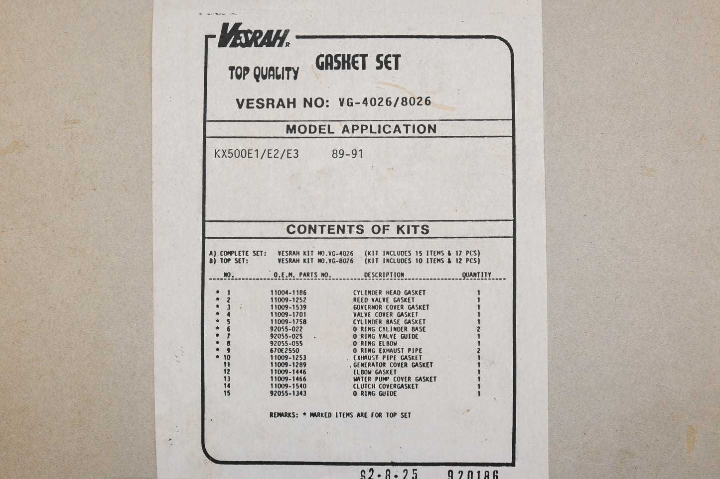 Vesrah VG-4026/8026 Kawasaki 89-91 KX500 Top Gasket Kit Qty 1 NOS