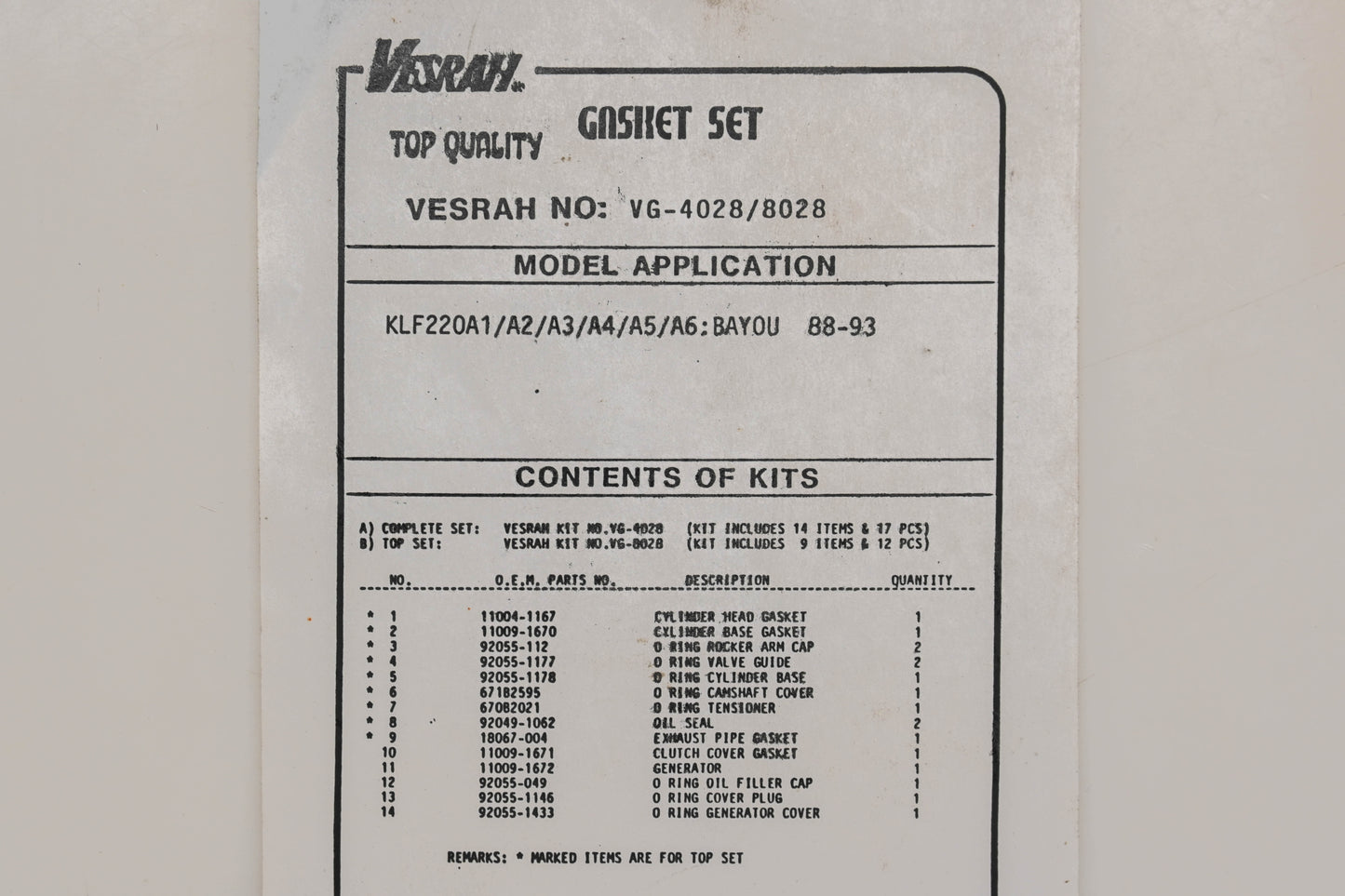 Vesrah VG-4028/8028 Complete Gasket Kit Kawasaki 88-93 Bayou Qty 1 NOS