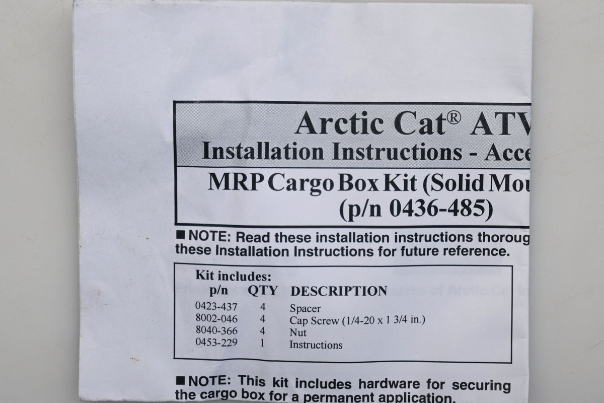 New OEM Arctic Cat 0436-485 Cargo Box Solid Mount Kit 650 V-2 4x4 FIS 300 400 500 Qty 1 NOS