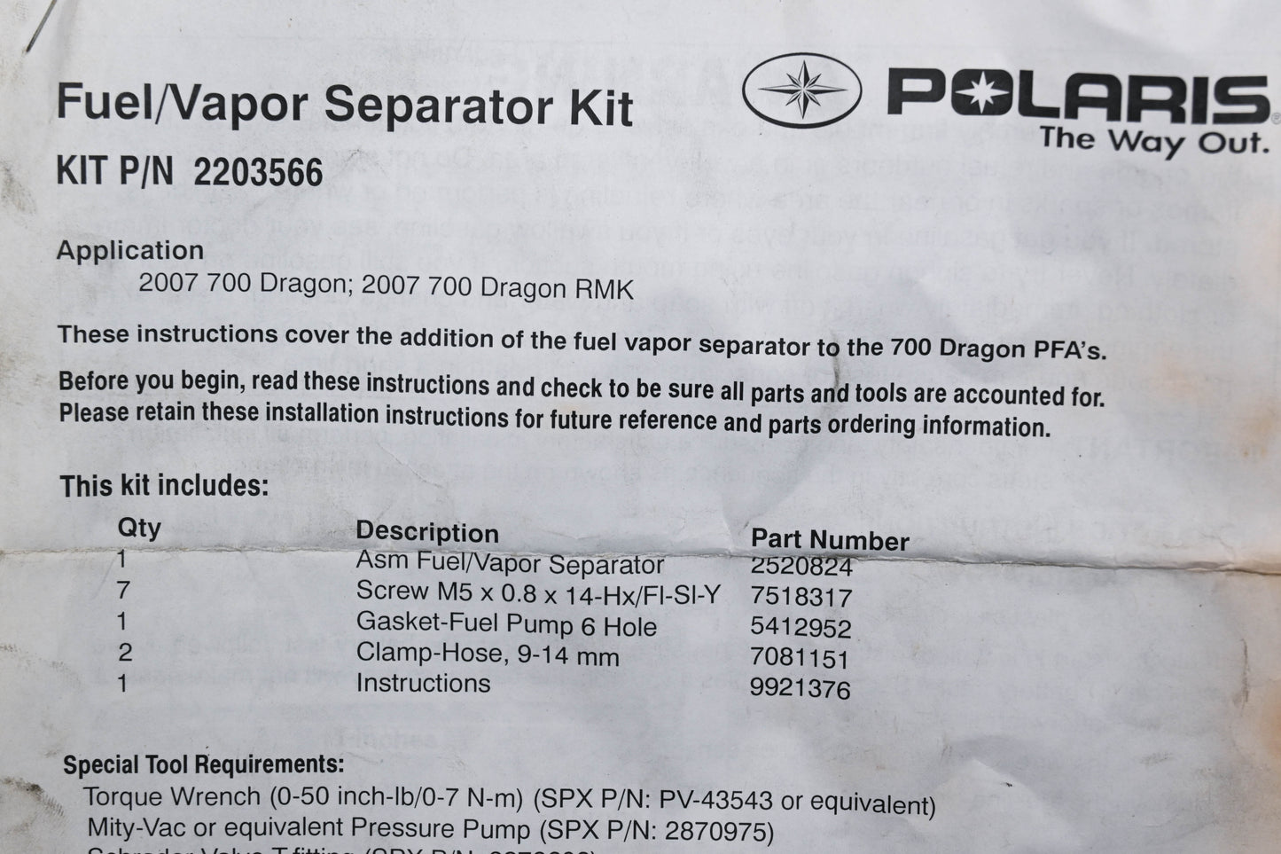 New OEM Polaris 2203566 Fuel Vapor Separator Kit RMK Dragon 700 Qty 1 NOS