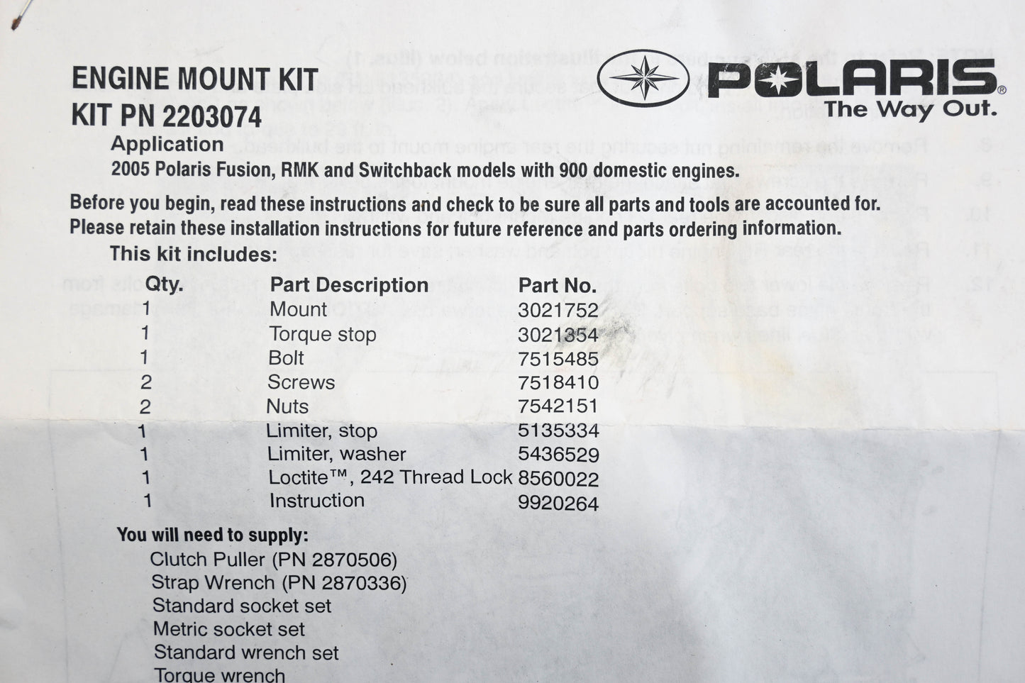 New OEM Polaris 2203074 Engine Mount Kit Snowmobile Qty 1 NOS