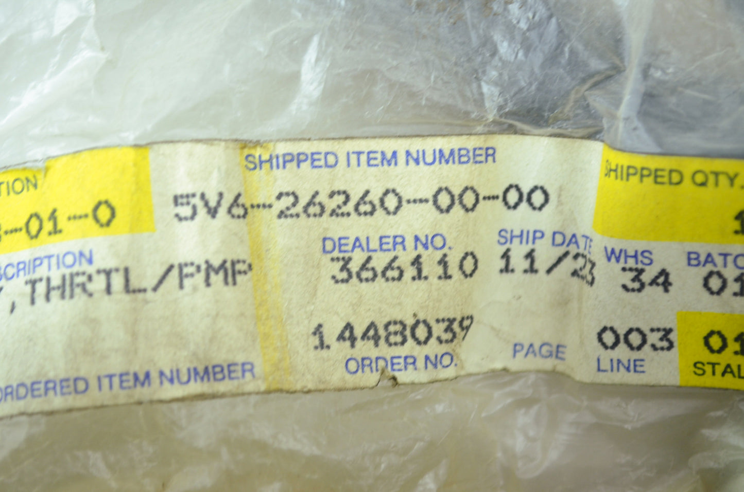 OEM Yamaha 5V6-26260-00-00 Throttle Cable Assembly NOS