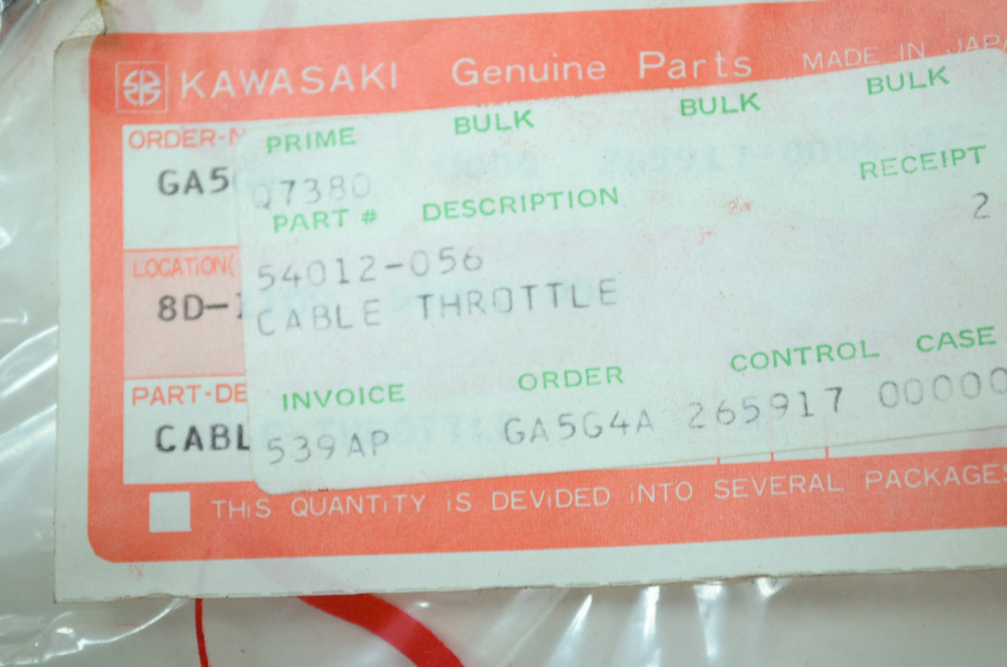 OEM Kawasaki 54012-056 Throttle Cable NOS