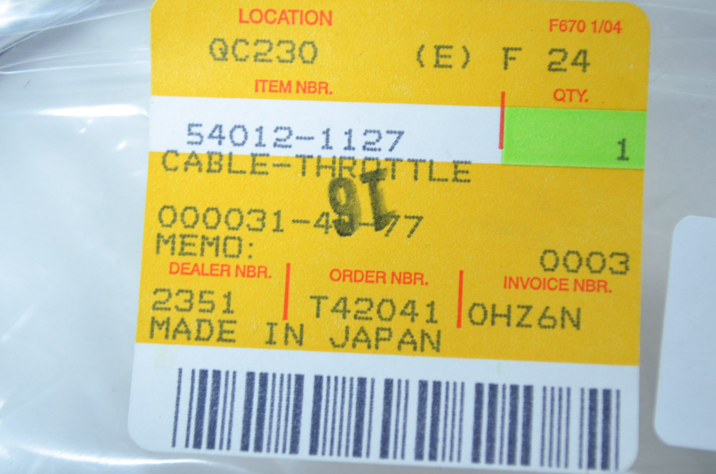 OEM Kawasaki 54012-1127 Throttle Cable NOS