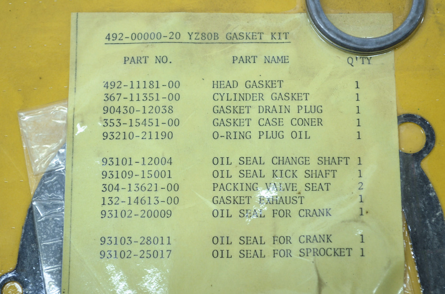 NEW OEM Yamaha Gasket Kit 1975 YZ80 YZ80B 492-00000-20 NOS
