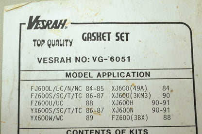 NEW Vesrah Yamaha Gasket Kit FJ600 FZ600 YX600 XJ600 VG-6051 NOS