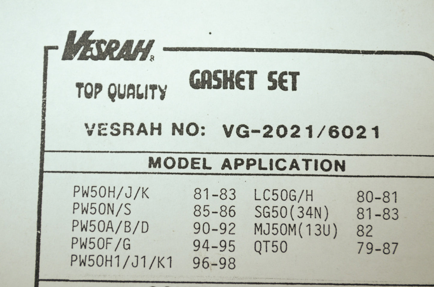 NEW Vesrah Yamaha Gasket Kit PW50 KC50 SG50 MJ50 QT50 VG-2021 NOS