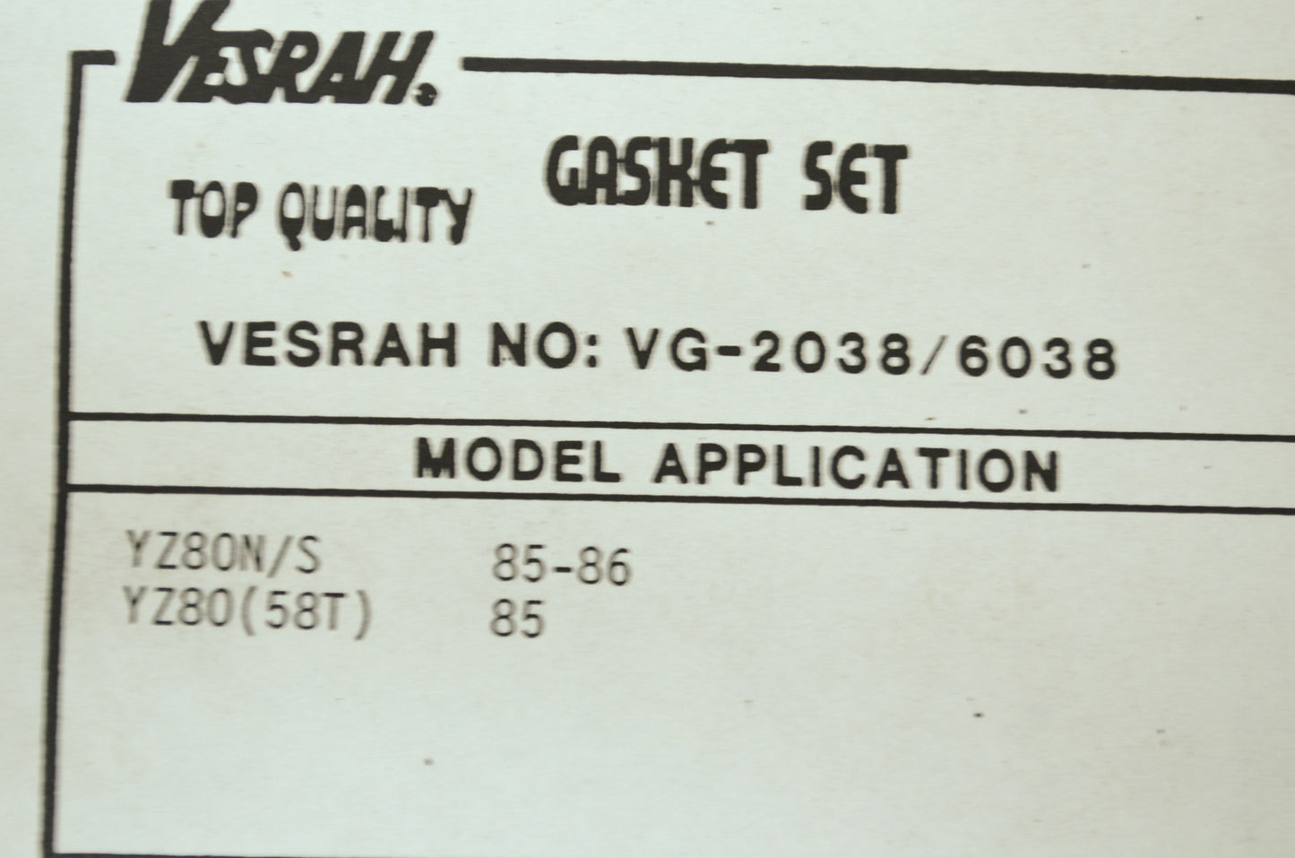 NEW Vesrah Yamaha Gasket Kit 1985-1986 YZ80 VG-2038, VG-6038 NOS