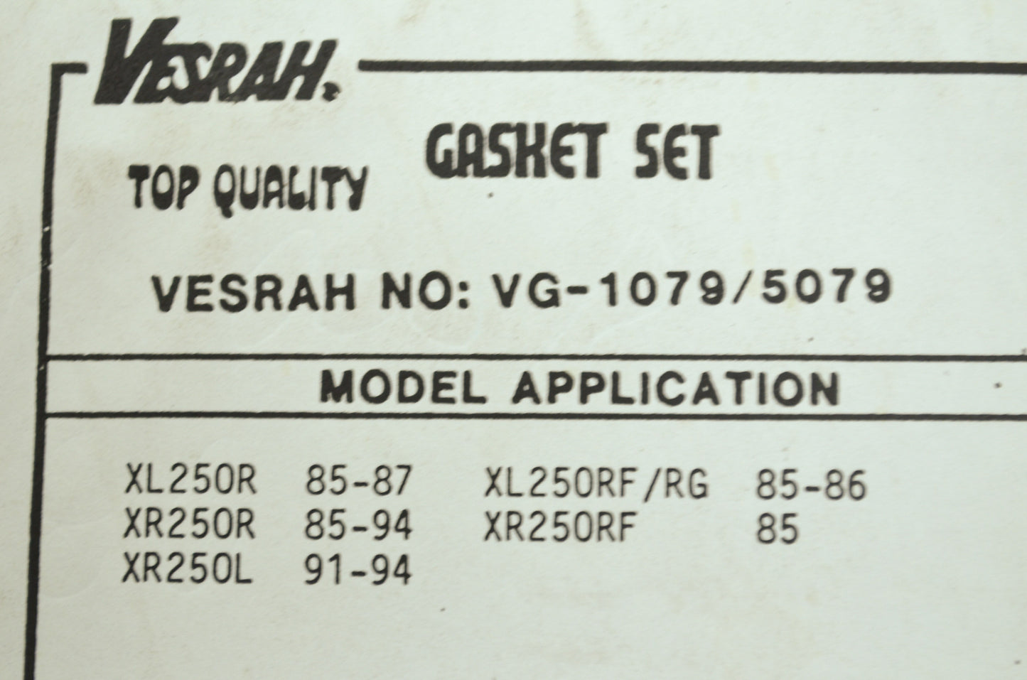 NEW Vesrah Honda Gasket Kit 1985-1994 XR250 XR250R VG-5079M NOS
