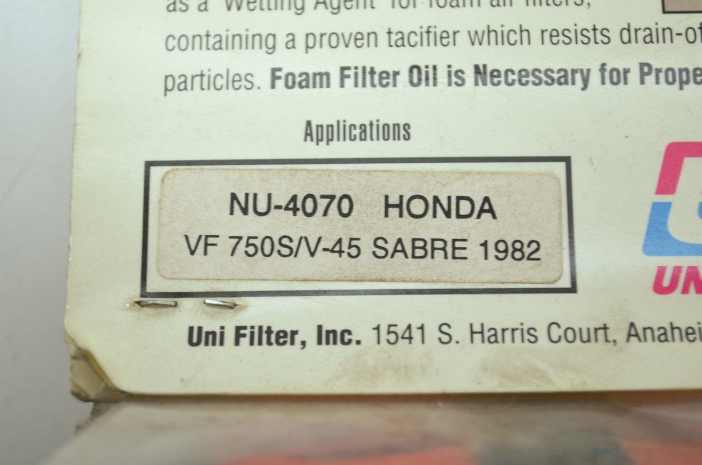NEW UNI Honda Air Filter 1982 Sabre VF750 S/V-45 NU-4070 NOS