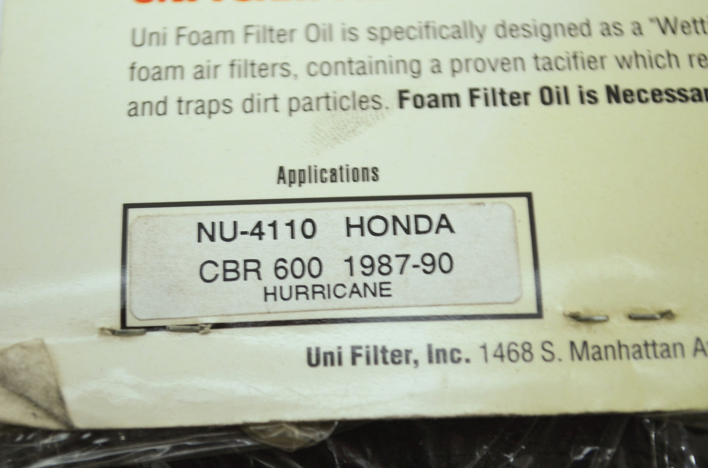 NEW UNI Honda Air Filter 1987-1990 CBR600 Hurricane NU-4110 NOS