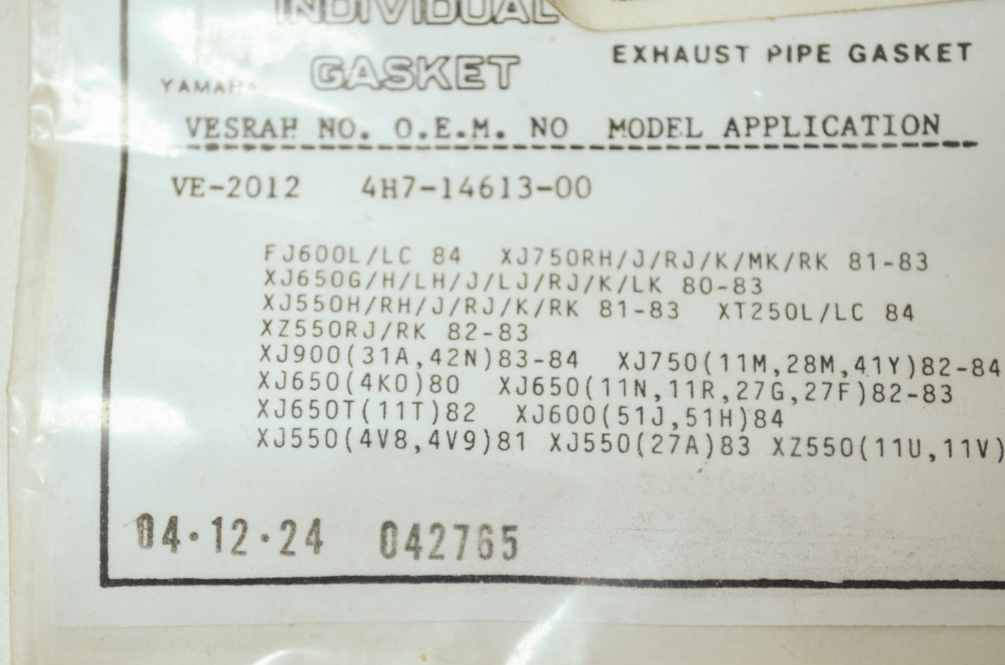 NEW Vesrah Yamaha Exhaust Pipe Gasket QTY 8 FJ XJ 600 VE-2012 NOS