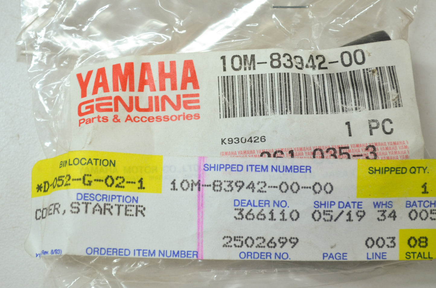 OEM Yamaha 10M-83942-00-00 Starter Cover NOS