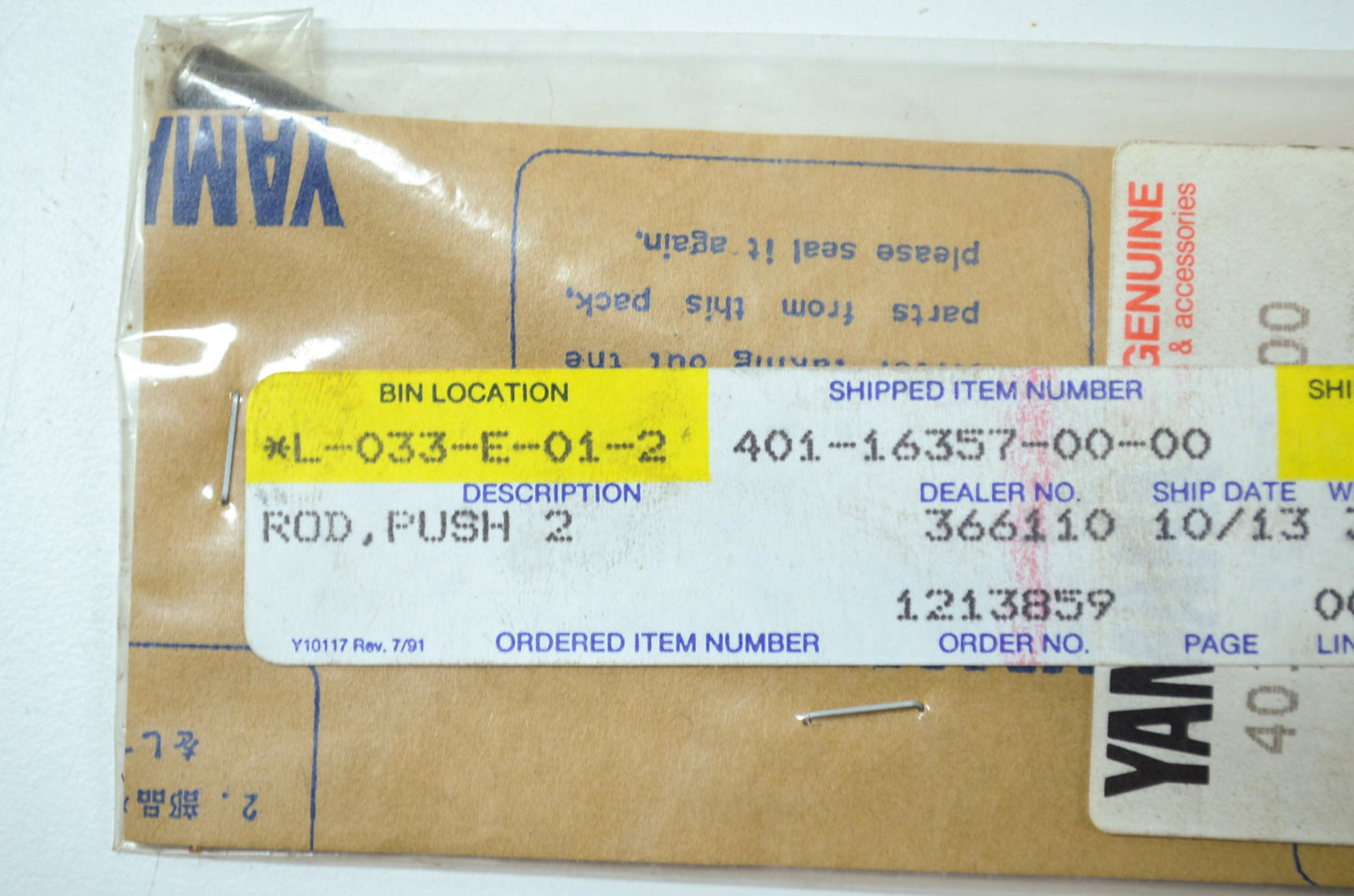 New OEM Yamaha 401-16357-00-00 Push Rod 2 NOS