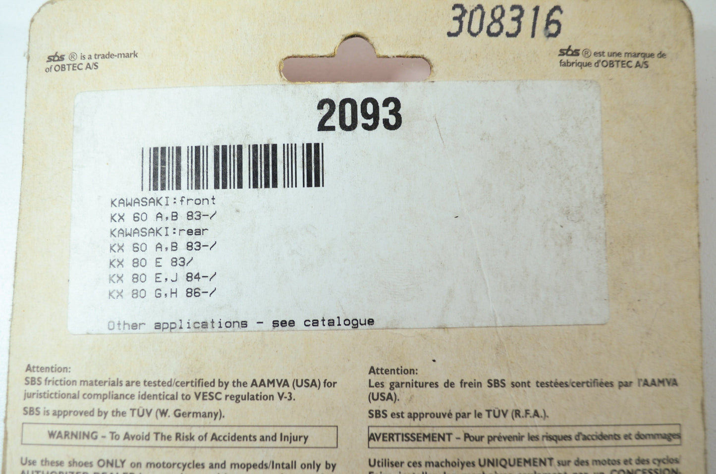 SBS 2093 Kawasaki Brake Shoe Kit 1983 KX60 KX80 NOS