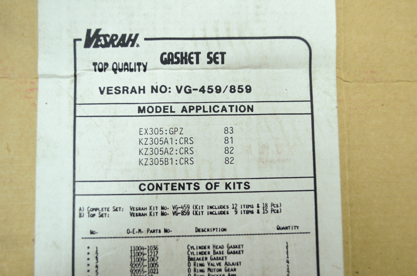 NEW Vesrah Kawasaki Gasket Set 81-82 KZ305 VG-459 NOS