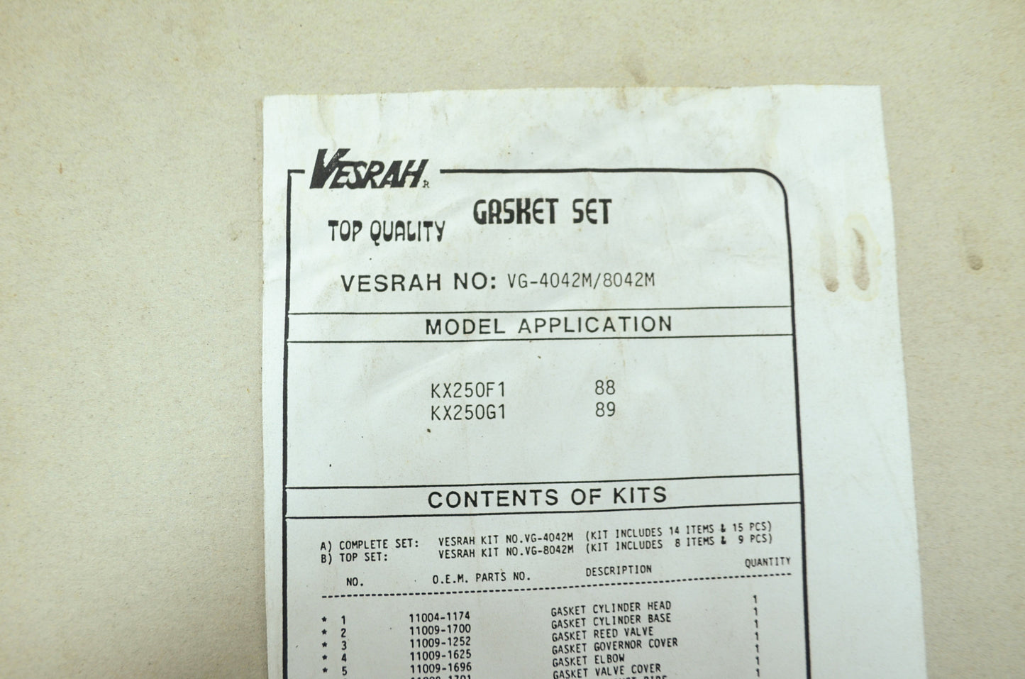 Vesrah VG-8042M Kawasaki Gasket Set 88-89 KX250 NOS