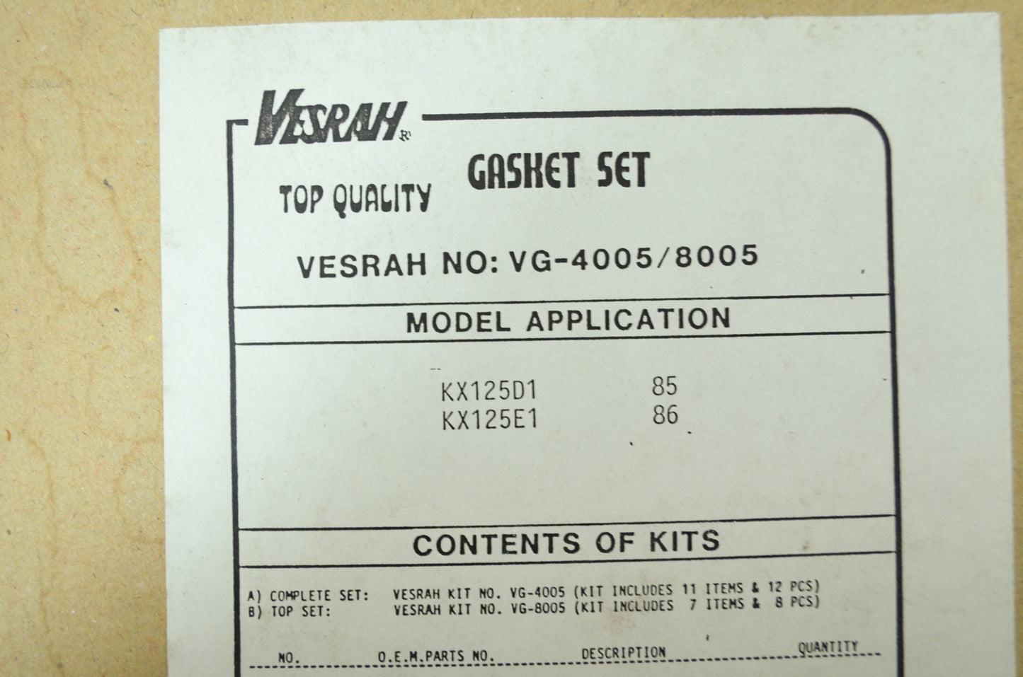 Vesrah VG-4005 Kawasaki Gasket Set 85-86 KX125 NOS