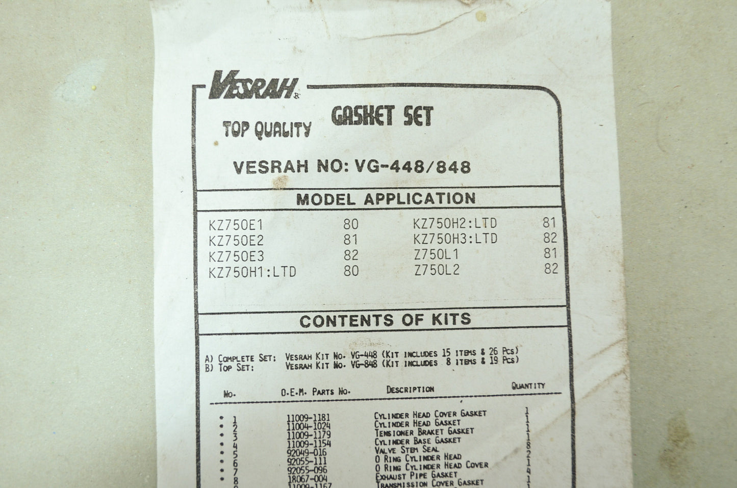 NEW Vesrah Kawasaki Gasket Set 80-82 KZ750 Z750 VG-448 NOS