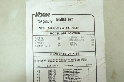 NEW Vesrah Kawasaki Gasket Set 80-82 KZ750 Z750 VG-448 NOS