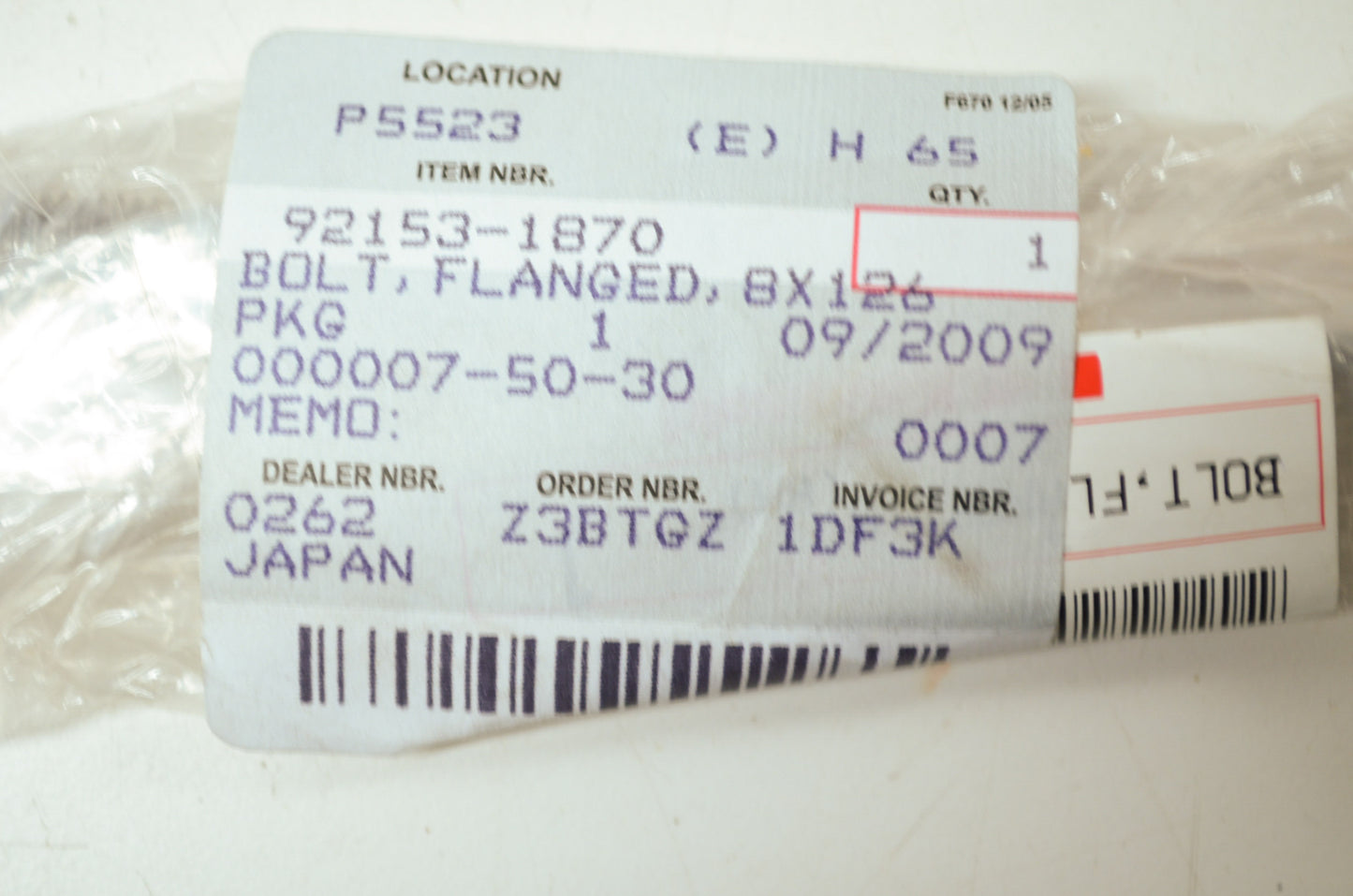 OEM Kawasaki 92153-1870 Flanged Bolt 8X126 NOS