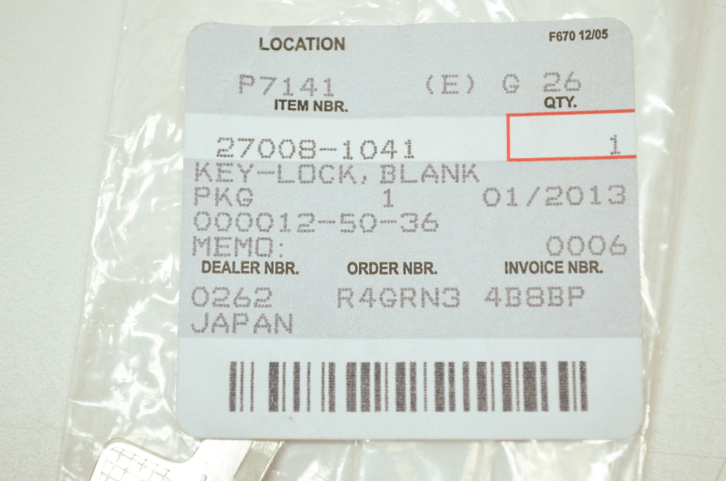 OEM Kawasaki 27008-1041 Blank Lock Key NOS