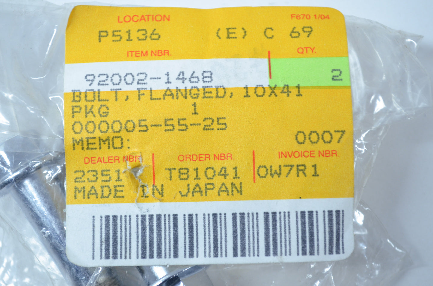 OEM Kawasaki 92002-1468 Flanged Bolt 10X41 Qty 2 NOS
