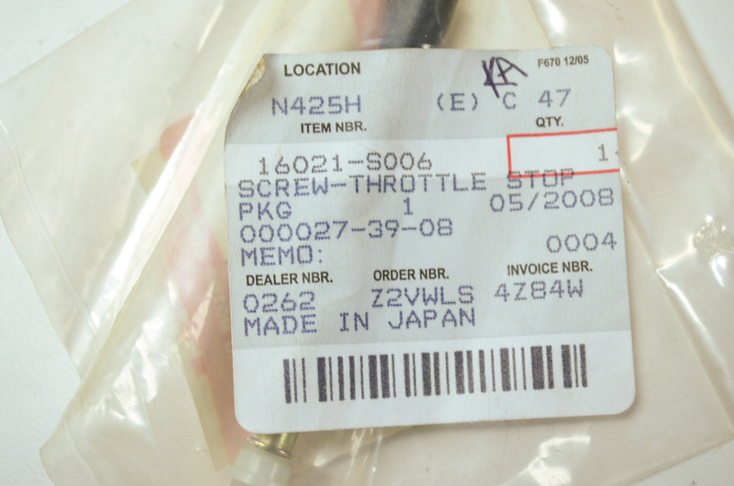 OEM Kawasaki 16021-S006 Throttle Stop Screw NOS