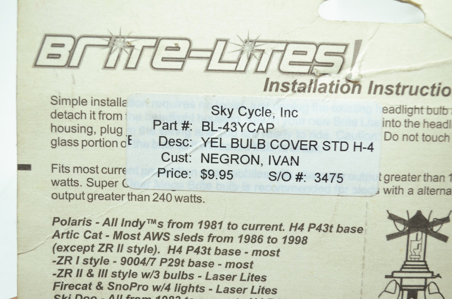 NEW Brite-Lites Yellow Light Bulb Cover BL-43YCAP NOS
