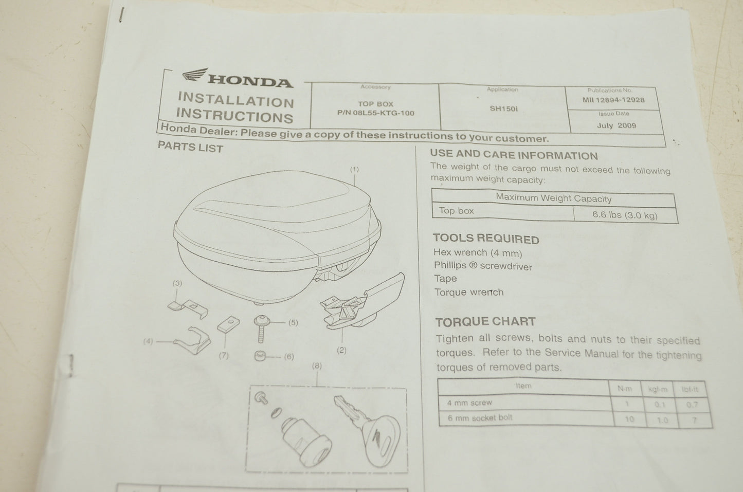 NEW OEM Honda Rear Trunk & Keys 2010 SH150i 08L55-KTG-120 NOS