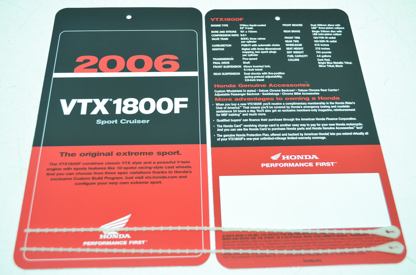 NEW OEM Honda 2006 VTX1800F Sign Dealership Hang Tags NOS