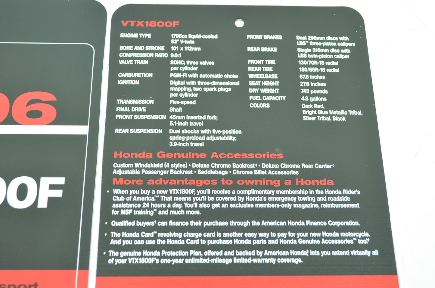 NEW OEM Honda 2006 VTX1800F Sign Dealership Hang Tags NOS