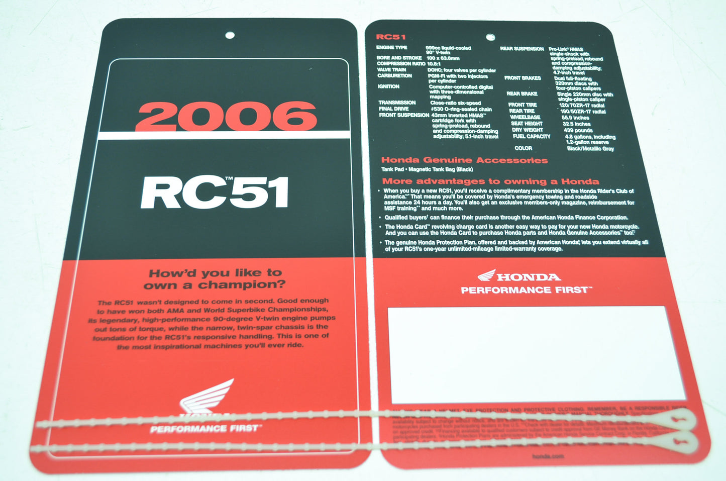 NEW OEM Honda 2006 RC51 Sign Dealership Hang Tags NOS
