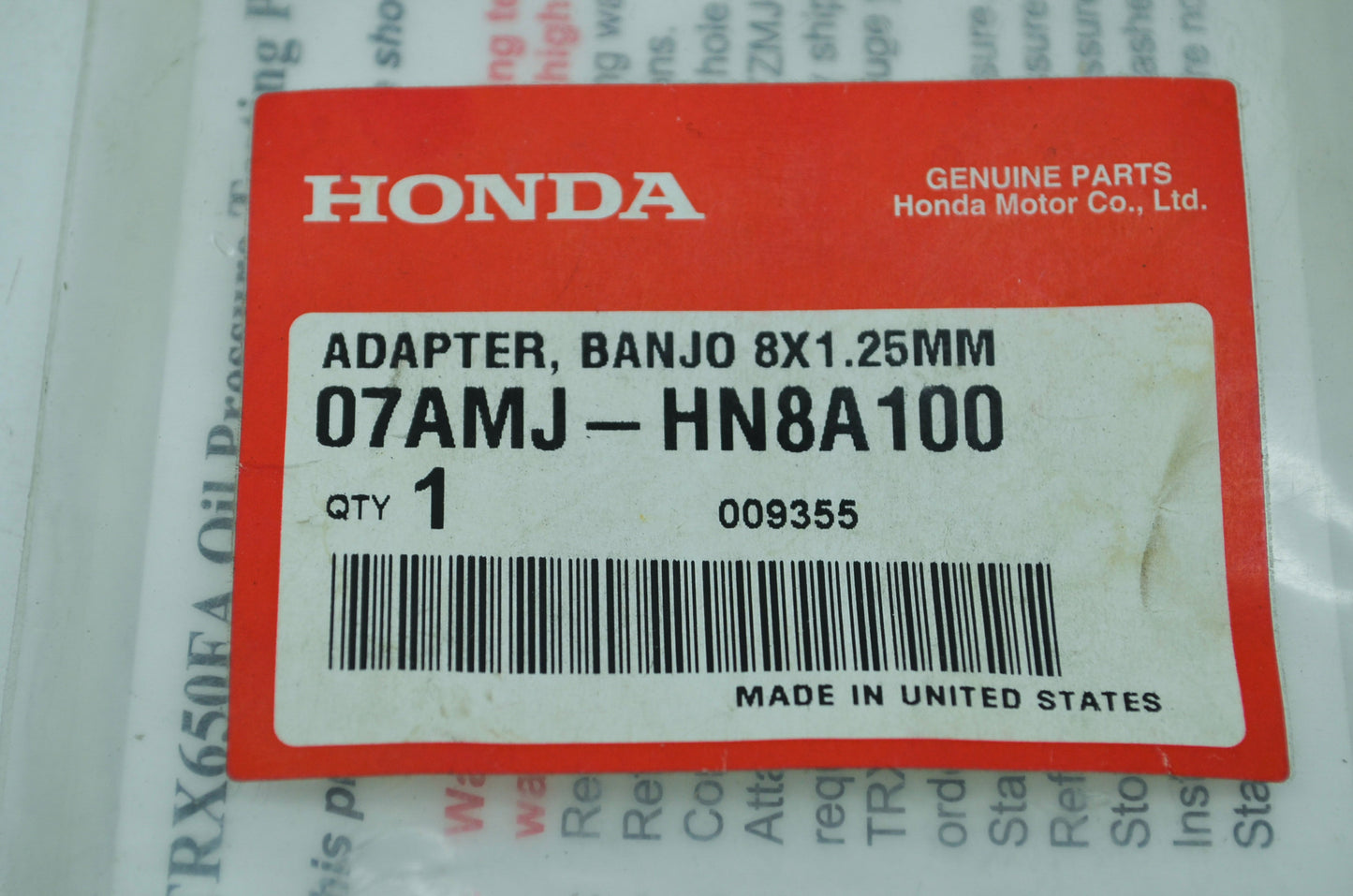 OEM Honda 07AMJ-HN8A100 Banjo Bolt 8X1.25 NOS