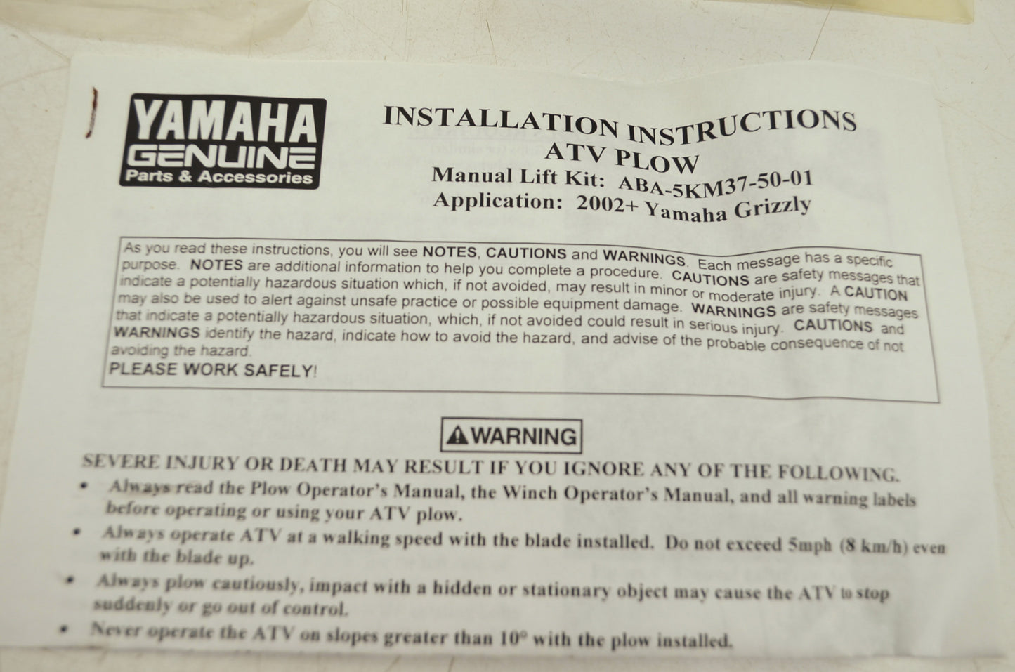 NEW OEM Yamaha Warn Manual Plow Lift 2002-2006 Grizzly 660 ABA-5KM37-50-01 NOS