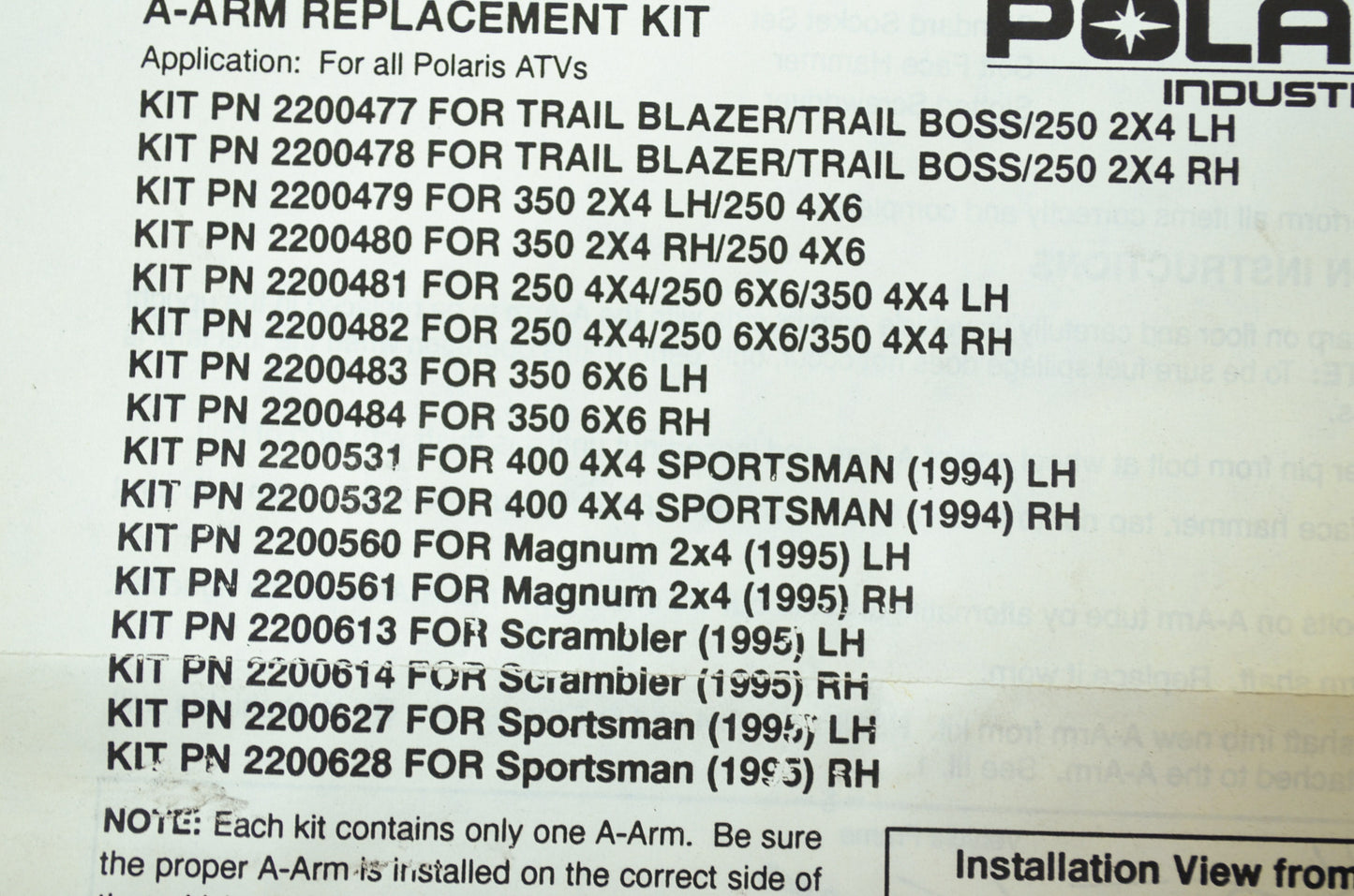 OEM Polaris 2200482 Right Hand A-Frame Kit NOS