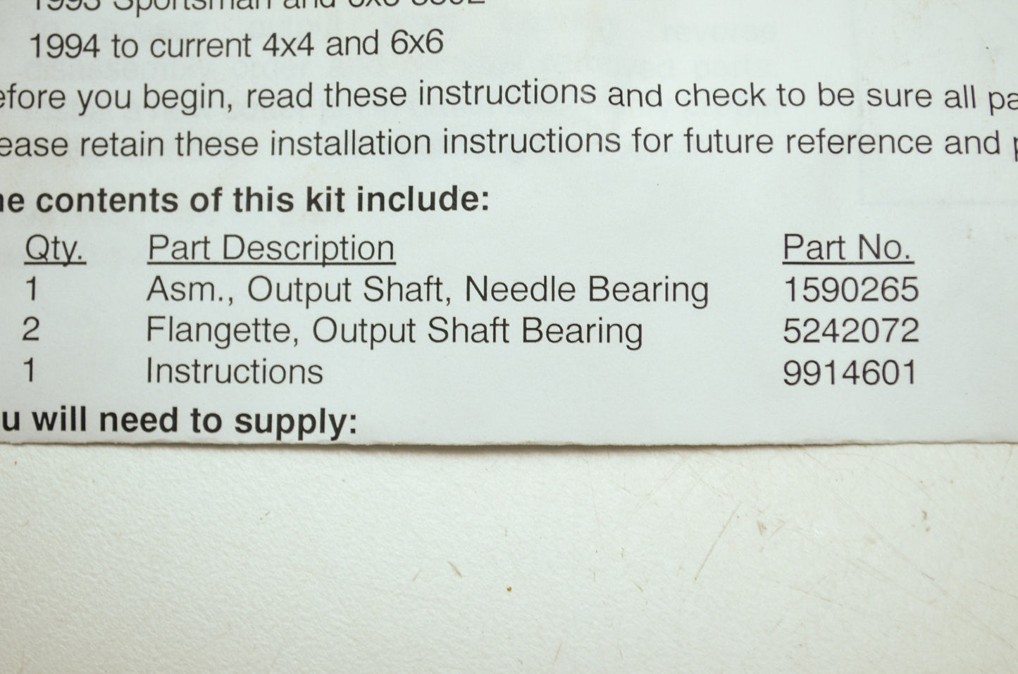 OEM Polaris 2201115 Relube Bearing Kit NOS