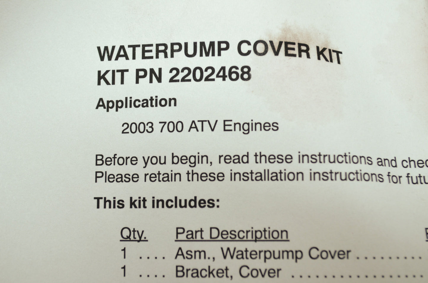 OEM Polaris 2202468 Water Pump Cover Kit NOS