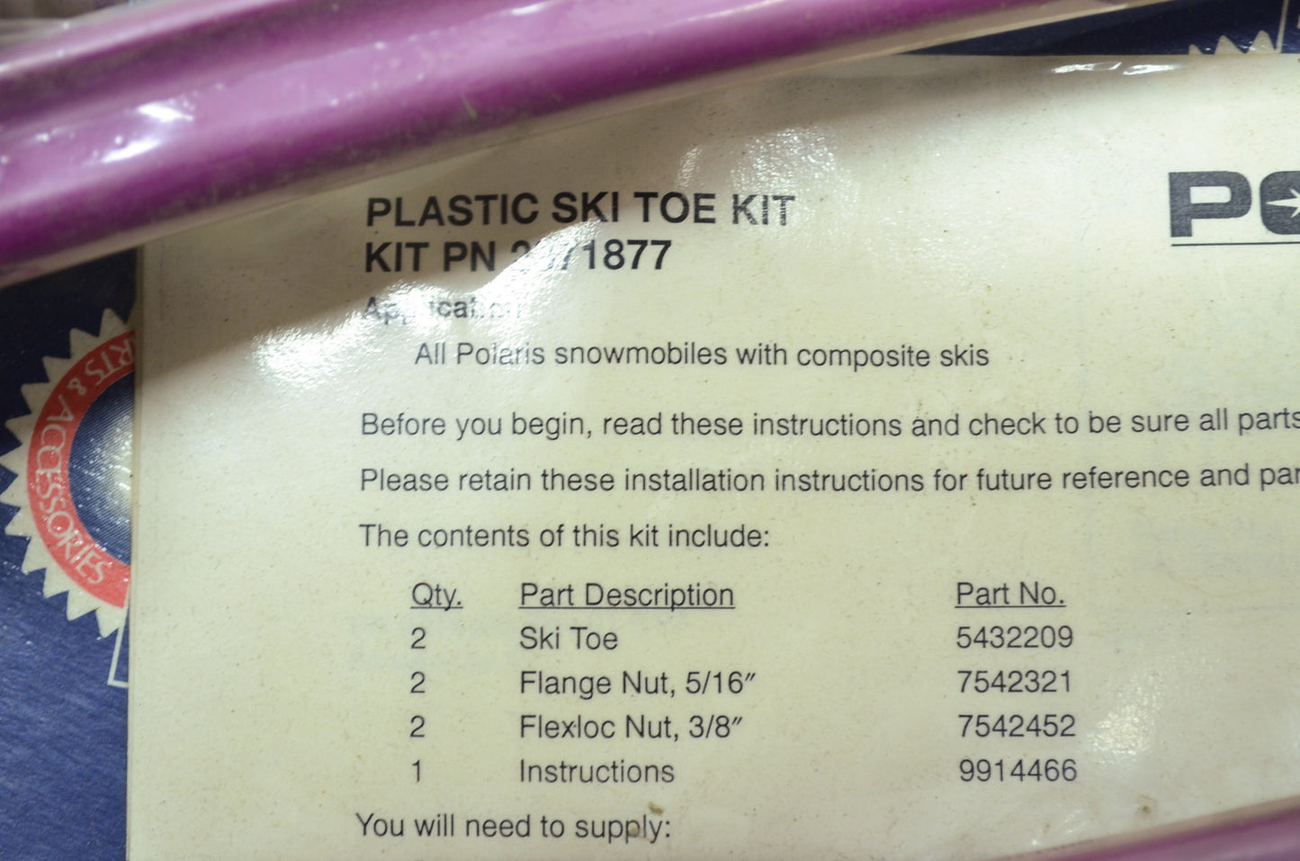 NEW OEM Polaris Ski Toe Kit New Purple 2871877-224 NOS