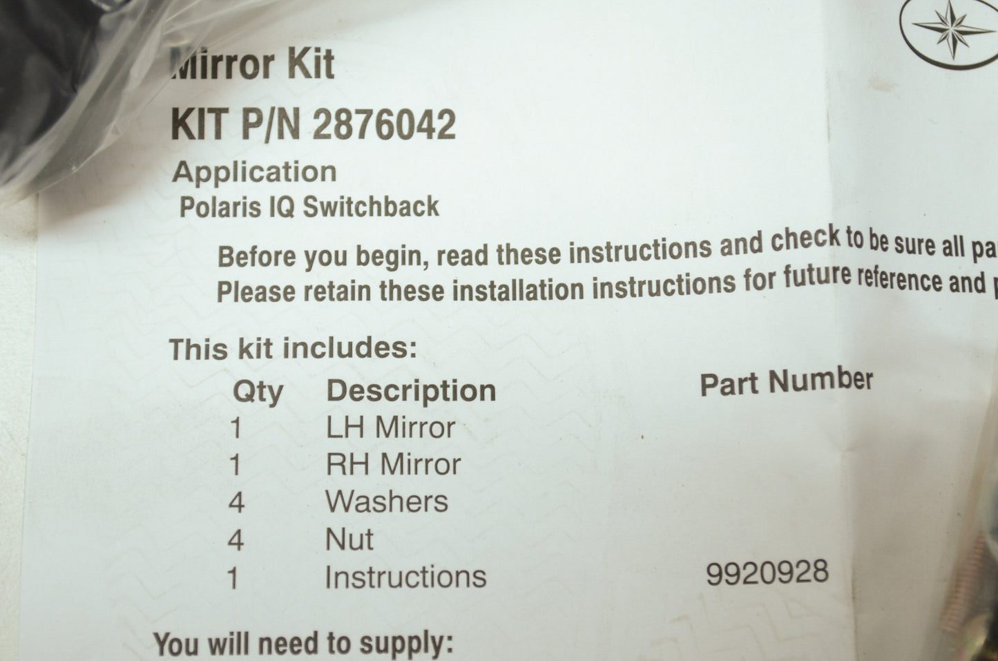 OEM Polaris 2876042 Rear View Mirrors Kit NOS