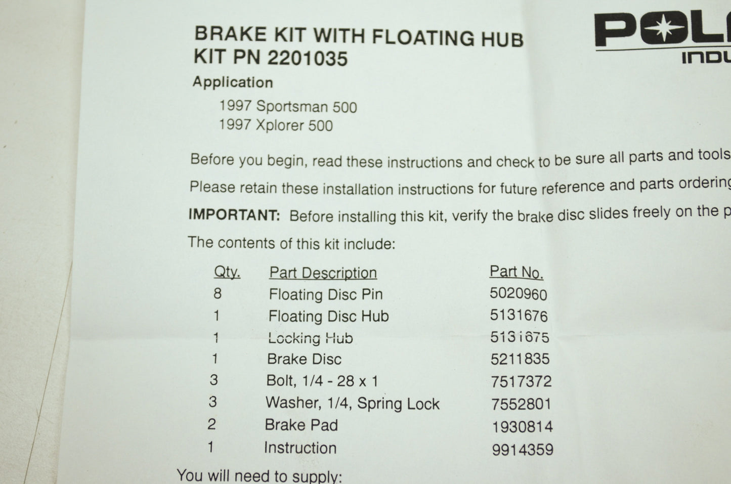 OEM Polaris 2201035 Float Hub Brake Kit NOS